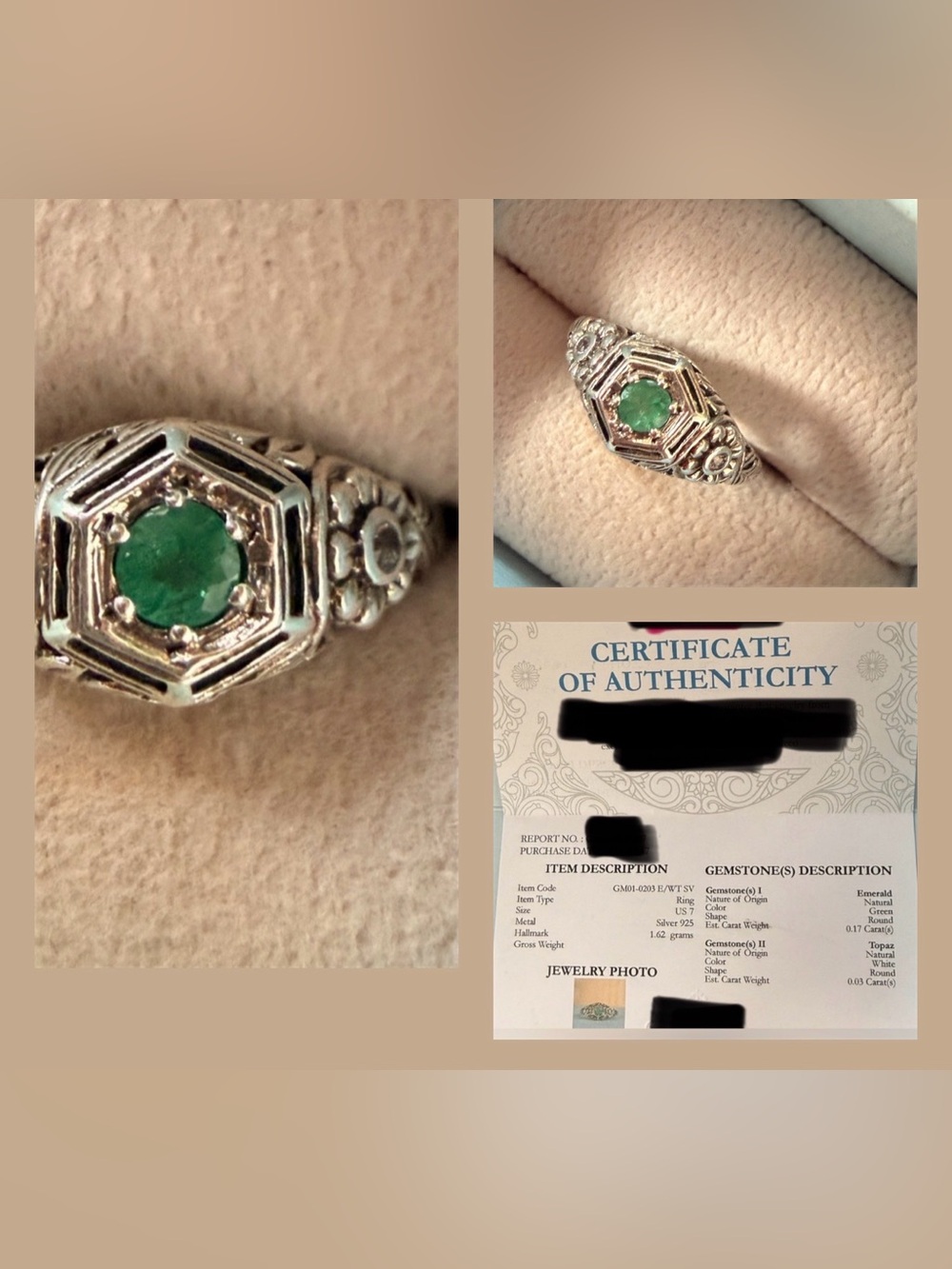Vintage Custom 925 Silver Natural Emerald Filigree Ring W/ Box & Cert